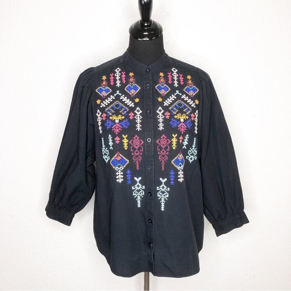 Anthropologie‎ Pilcro black embroidered beaded button down top size Medium